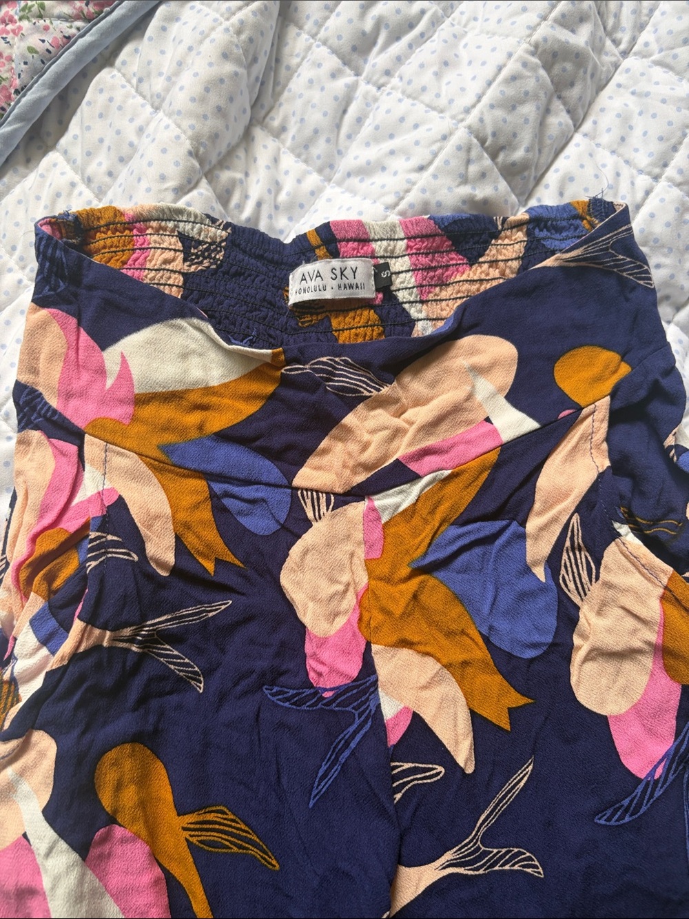 Ava Sky Navy Maxi Flare Pants with Pink and Mustard Koi Print
